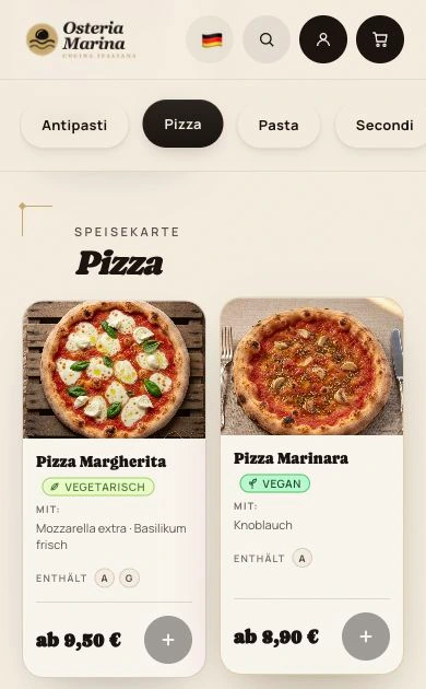 Vollständige mobile Produktansicht der Speisekarte mit zwei Pizzen, Preisen und Auswahltasten